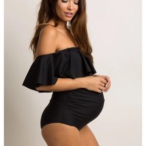 Ruffle Trim Ruched One-Piece Maternity Swimsuit